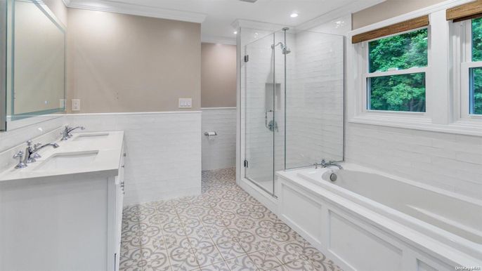 Bathroom, Dual Sink Vanities, Glass Shower, Interior, Recessed Lighting