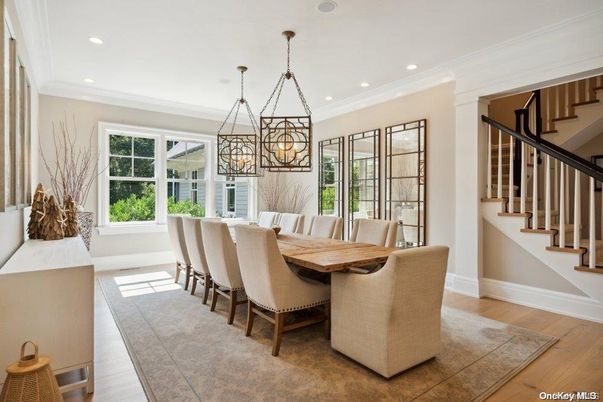 Dining room, Interior, Pendant Lights, Recessed Lighting, Wood Texture Flooring