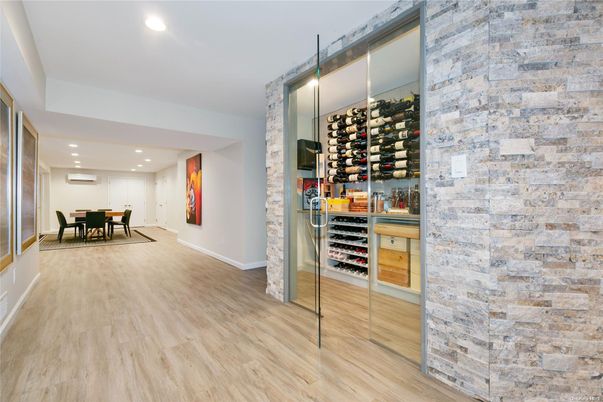 Dining room, Interior, Recessed Lighting, Stone Walls, Wine Storage, Wood Texture Flooring