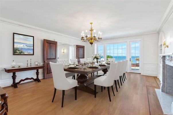 Chandelier, Dining room, Fireplace, Interior, Water, Wood Texture Flooring