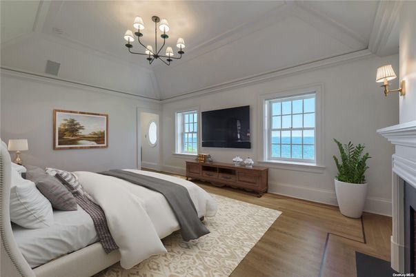 Bedroom, Chandelier, Fireplace, Interior, Water, Wood Texture Flooring
