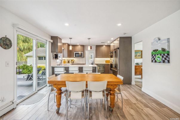 Dining room, Interior, Kitchen, Pendant Lights, Recessed Lighting, Stainless Steel Appliances, Wood Texture Flooring