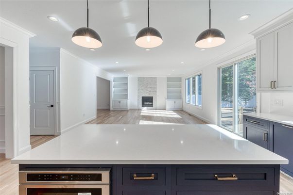 Fireplace, Interior, Kitchen, Pendant Lights, Recessed Lighting, Wood Texture Flooring