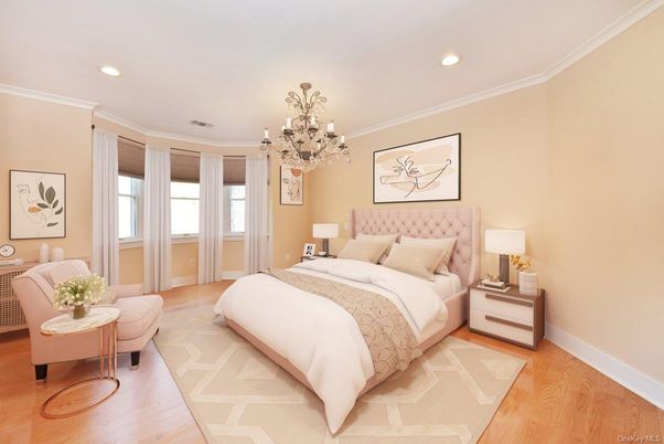 Bedroom, Chandelier, Interior, Recessed Lighting, Wood Texture Flooring