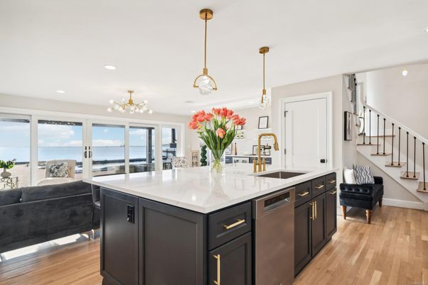 Interior, Kitchen, Pendant Lights, Recessed Lighting, Stainless Steel Appliances, Water, Wood Texture Flooring