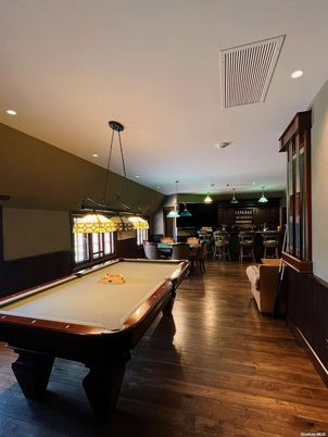 Billiard Table, Dining room, Game Room, Interior, Pendant Lights, Recessed Lighting, Wood Texture Flooring