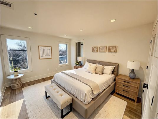 Bedroom, Interior, Recessed Lighting, Wood Texture Flooring