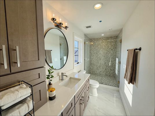 Bathroom, Dual Sink Vanities, Glass Shower, Interior, Marble, Recessed Lighting
