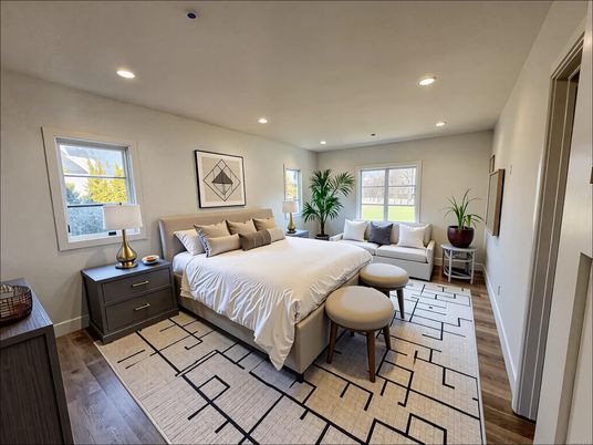Bedroom, Interior, Recessed Lighting, Wood Texture Flooring