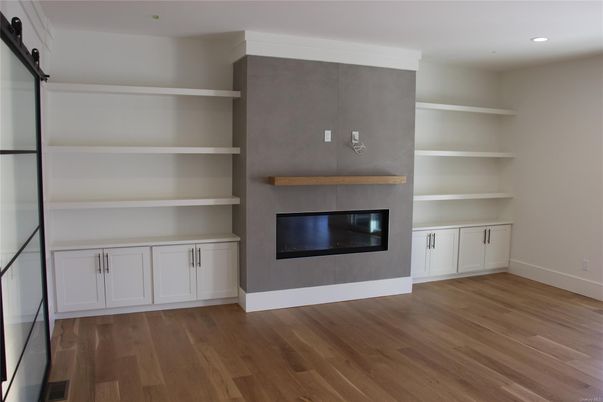 Fireplace, Interior, Recessed Lighting, Wood Texture Flooring