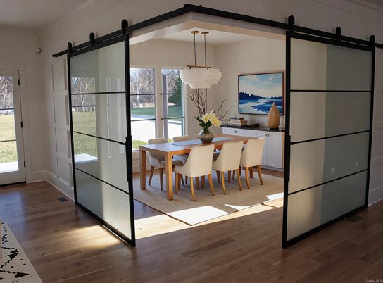 Dining room, Interior, Pendant Lights, Wood Texture Flooring