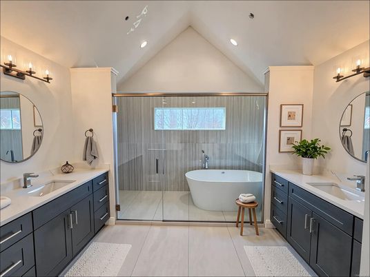 Bathroom, Dual Sink Vanities, Free Standing Baths, Glass Shower, Interior, Recessed Lighting