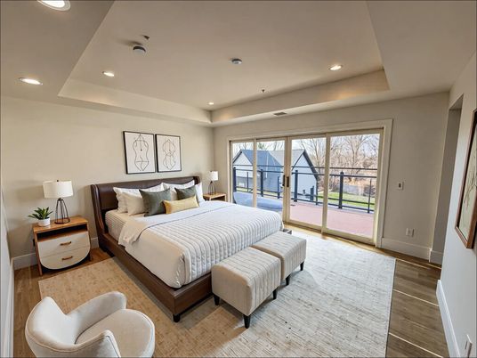Bedroom, Interior, Recessed Lighting, Water, Wood Texture Flooring