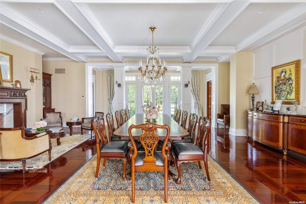 Chandelier, Dining room, Fireplace, Interior, Living room, Recessed Lighting, Wood Texture Flooring