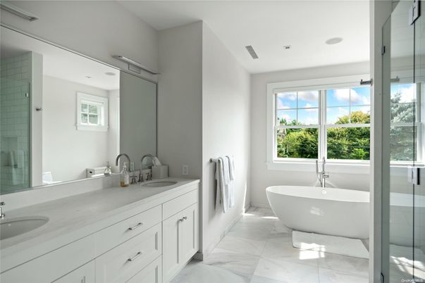 Bathroom, Dual Sink Vanities, Free Standing Baths, Glass Shower, Interior, Marble, Recessed Lighting