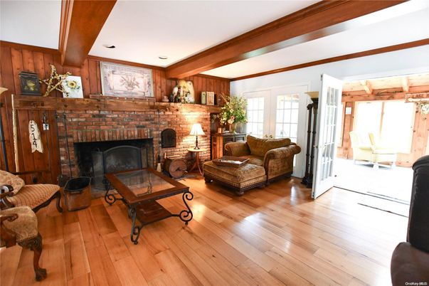 Fireplace, Interior, Living room, Recessed Lighting, Wooden Beams, Wood Texture Flooring, Wooden Walls