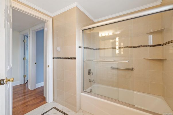 Bathroom, Glass Shower, Interior, Wood Texture Flooring