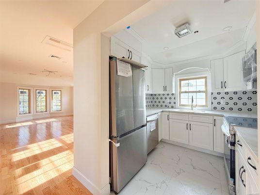 Interior, Kitchen, Marble, Recessed Lighting, Stainless Steel Appliances, Wood Texture Flooring