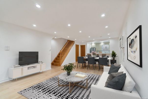 Dining room, Interior, Living room, Recessed Lighting, Wood Texture Flooring