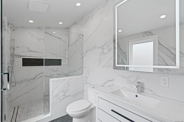 Bathroom, Glass Shower, Interior, Marble Walls, Recessed Lighting
