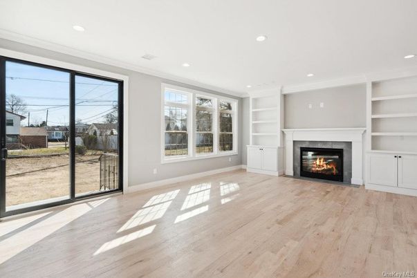 Empty room, Fireplace, Interior, Recessed Lighting, Wood Texture Flooring