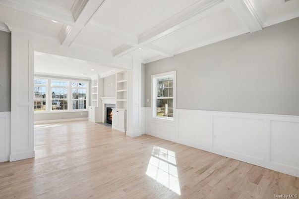 Empty room, Fireplace, Interior, Recessed Lighting, Wood Texture Flooring