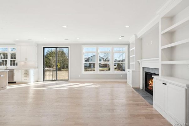 Empty room, Fireplace, Interior, Recessed Lighting, Wood Texture Flooring