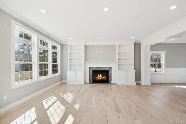 Empty room, Fireplace, Interior, Recessed Lighting, Wood Texture Flooring
