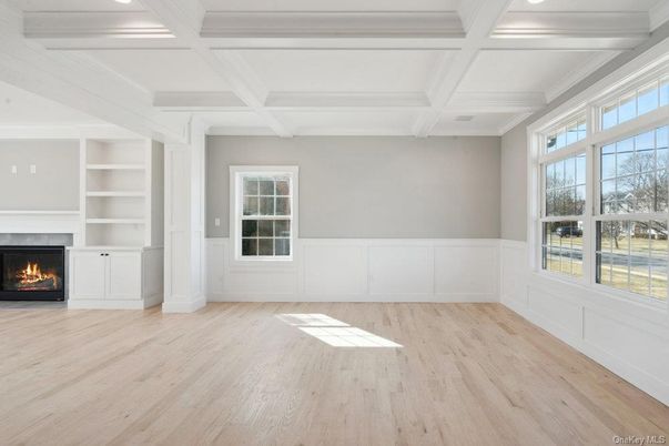 Empty room, Fireplace, Interior, Recessed Lighting, Wood Texture Flooring