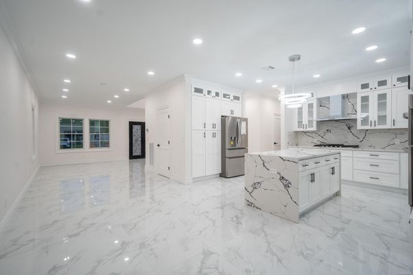 Interior, Kitchen, Marble, Marble Walls, Pendant Lights, Recessed Lighting