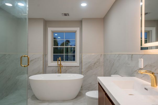 Bathroom, Free Standing Baths, Glass Shower, Interior, Marble, Marble Walls, Recessed Lighting