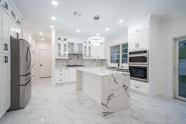 Interior, Kitchen, Marble, Pendant Lights, Recessed Lighting, Stainless Steel Appliances