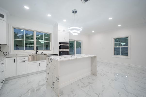Interior, Kitchen, Marble, Pendant Lights, Recessed Lighting, Stainless Steel Appliances