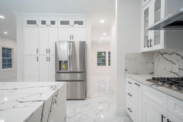 Interior, Kitchen, Marble, Marble Walls, Recessed Lighting, Stainless Steel Appliances