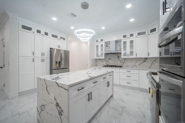 Interior, Kitchen, Marble, Pendant Lights, Recessed Lighting, Stainless Steel Appliances