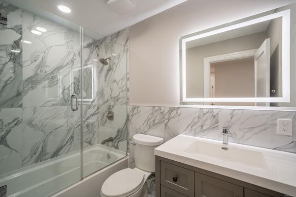 Bathroom, Glass Shower, Interior, Marble Walls, Recessed Lighting