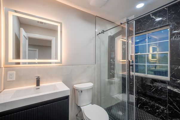 Bathroom, Glass Shower, Interior, Marble Walls, Recessed Lighting