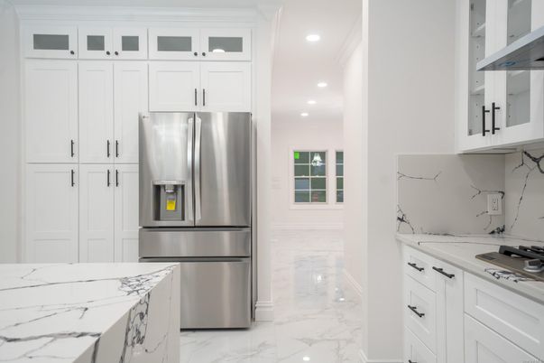 Interior, Kitchen, Marble, Recessed Lighting, Stainless Steel Appliances