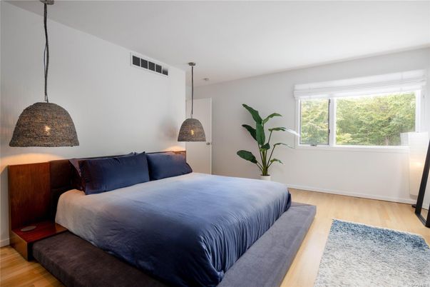 Bedroom, Interior, Pendant Lights, Wood Texture Flooring