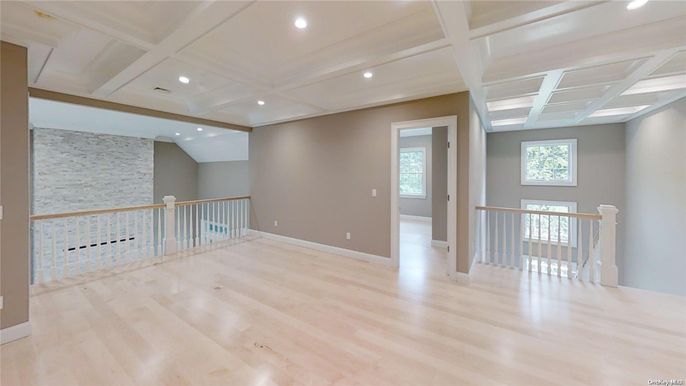 Empty room, Interior, Recessed Lighting, Stone Walls, Wood Texture Flooring