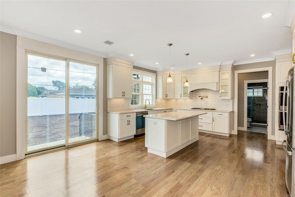 Interior, Kitchen, Pendant Lights, Recessed Lighting, Stainless Steel Appliances, Wood Texture Flooring