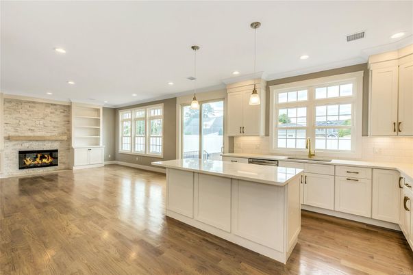 Fireplace, Interior, Kitchen, Pendant Lights, Recessed Lighting, Stone Walls, Wood Texture Flooring