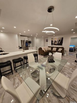 Dining room, Interior, Kitchen, Living room, Marble, Pendant Lights, Recessed Lighting, Stainless Steel Appliances