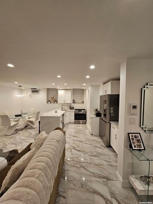 Dining room, Interior, Kitchen, Living room, Marble, Pendant Lights, Recessed Lighting, Stainless Steel Appliances