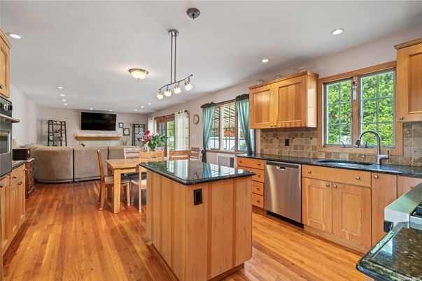 Dining room, Interior, Kitchen, Living room, Pendant Lights, Recessed Lighting, Stainless Steel Appliances, Wood Texture Flooring