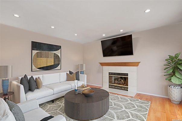 Fireplace, Interior, Living room, Recessed Lighting, Wood Texture Flooring