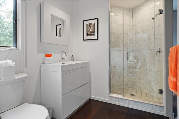 Bathroom, Glass Shower, Interior, Wood Texture Flooring