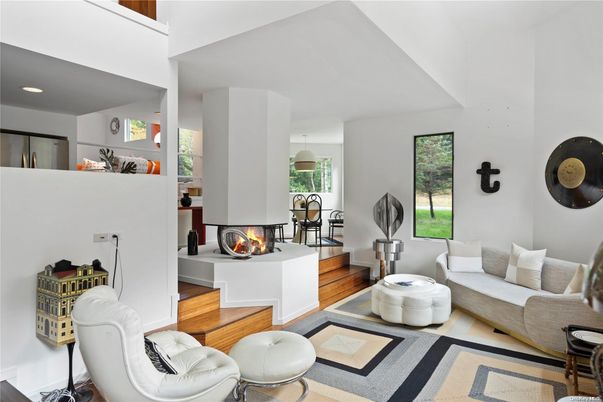 Fireplace, Interior, Living room, Pendant Lights, Recessed Lighting, Wood Texture Flooring