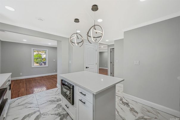 Interior, Kitchen, Marble, Pendant Lights, Recessed Lighting, Wood Texture Flooring