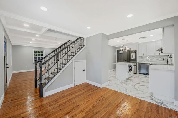 Interior, Kitchen, Marble, Recessed Lighting, Wood Texture Flooring